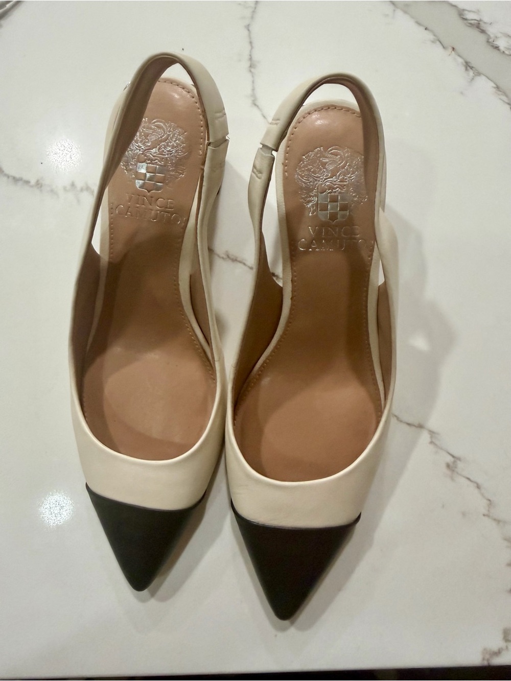 Vince Camuto Two-Tone Pointed Slingback Pumps in Cream and Black